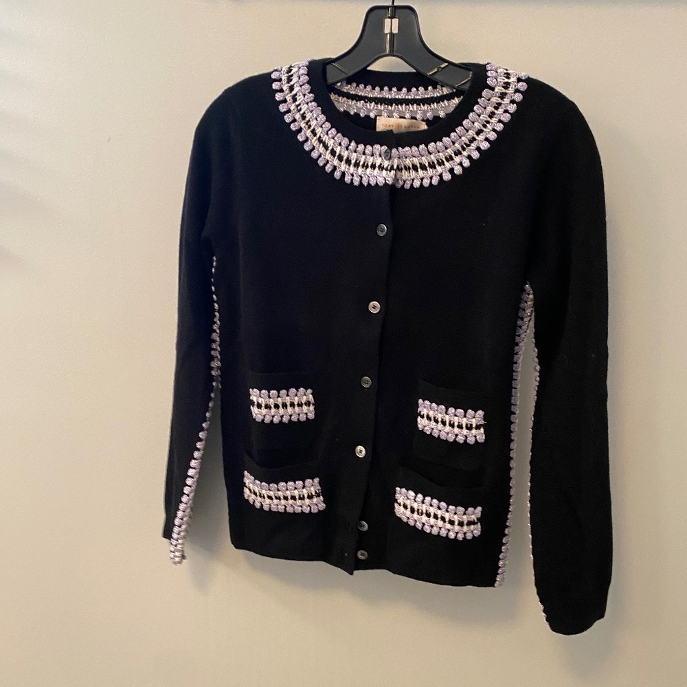 Tory Burch Black Cardigan with Lavender/Silver trim